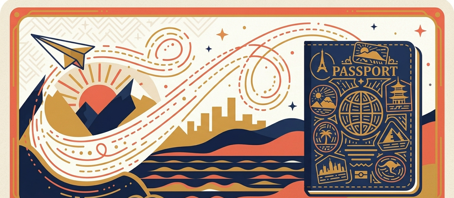 Paper airplane trails across a passport and city skyline